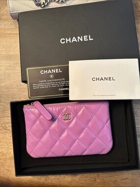 Authentic CHANEL Quilted Lilac Patent Leather CC Zip Pouch